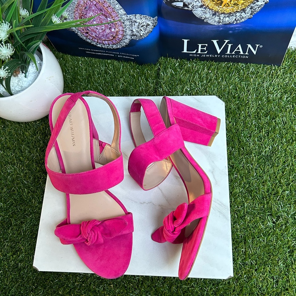 - STUART WEITZMANBandeau Block Heel Barbie Pink suede Leather size 12 - Picture 2 of 13
